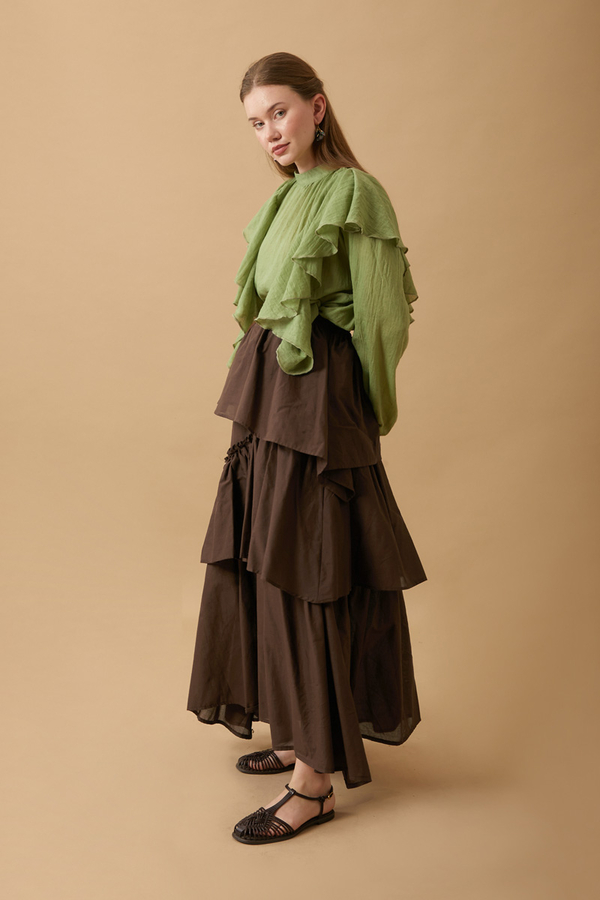 Asimetrik Fırfırlı Etek Kahverengi - 12