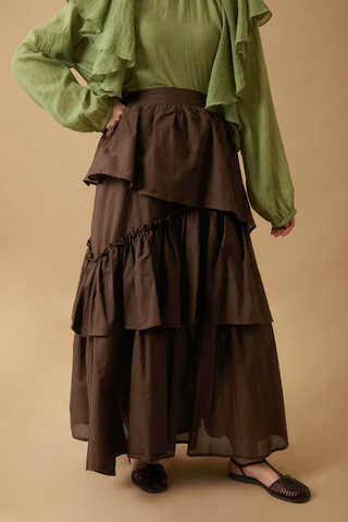 Asimetrik Fırfırlı Etek Kahverengi - 2