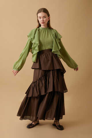 Asimetrik Fırfırlı Etek Kahverengi - 14