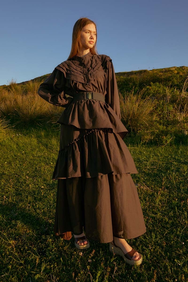 Asimetrik Fırfırlı Etek Kahverengi - 3