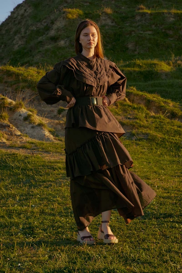 Asimetrik Fırfırlı Etek Kahverengi - 6