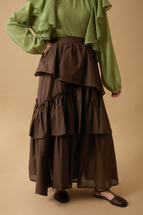 Asimetrik Fırfırlı Etek Kahverengi (1)