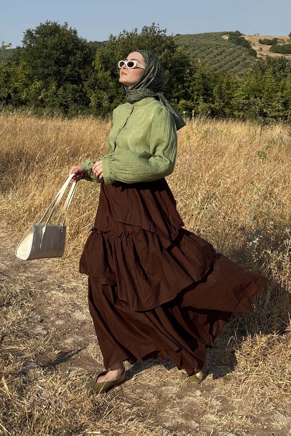 Asimetrik Fırfırlı Etek Kahverengi 