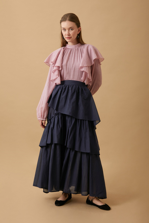 Asimetrik Fırfırlı Etek Lacivert - 3