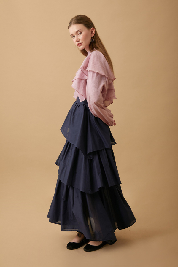 Asimetrik Fırfırlı Etek Lacivert - 5