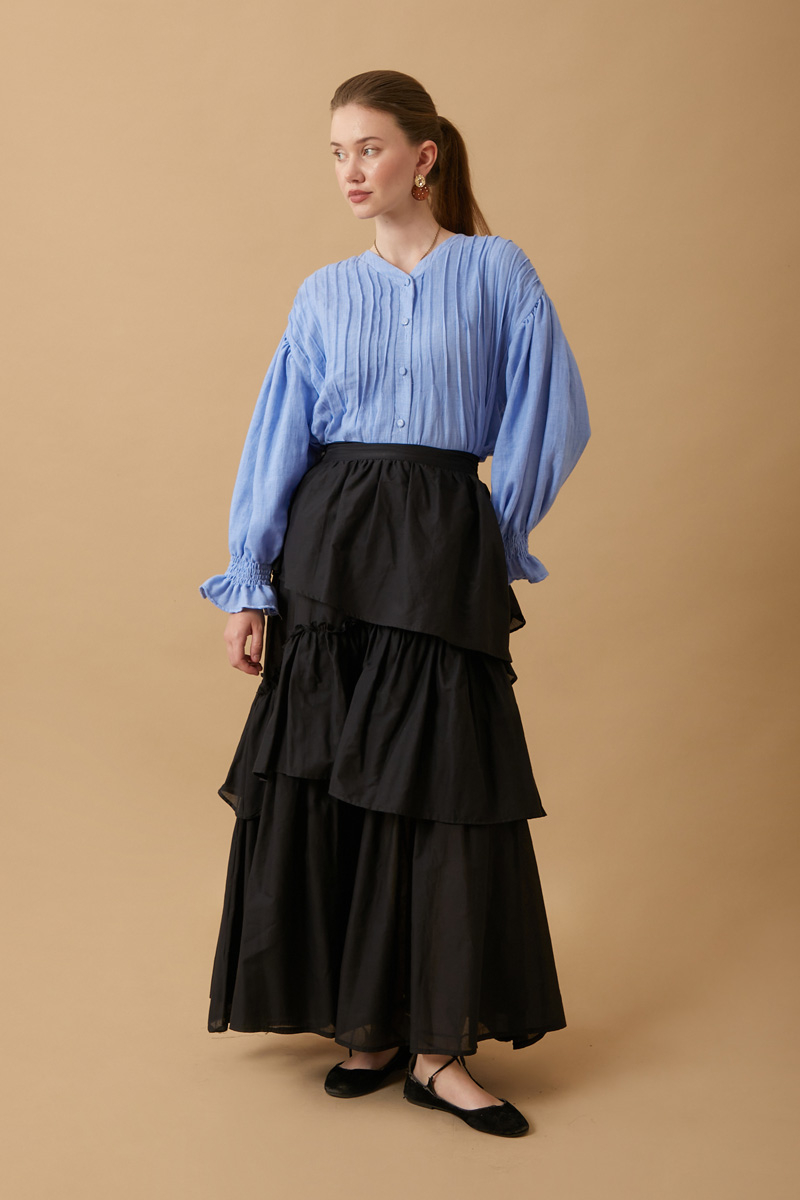 Asimetrik Fırfırlı Etek Siyah