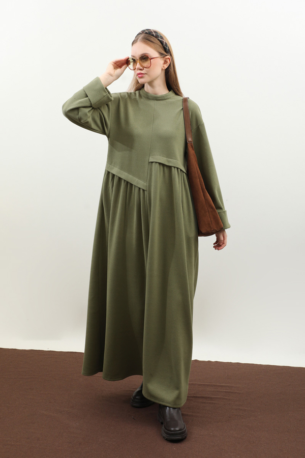 Asimetrik Fitilli Elbise Haki - 1