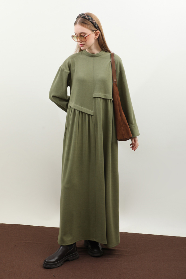 Asimetrik Fitilli Elbise Haki - 3