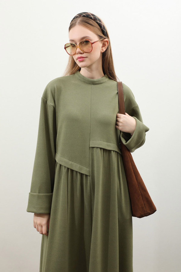 Asimetrik Fitilli Elbise Haki - 5