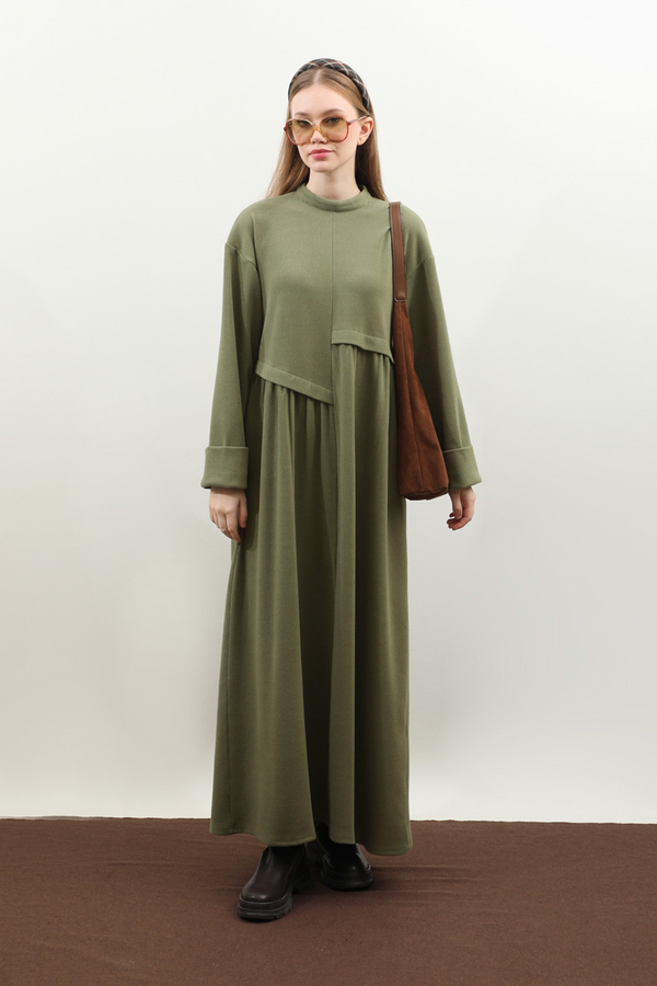 Asimetrik Fitilli Elbise Haki - 2