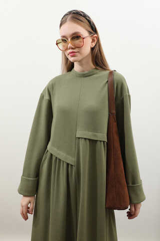 Asimetrik Fitilli Elbise Haki - 6