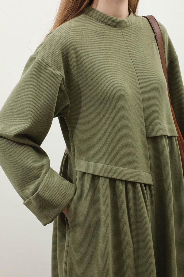 Asimetrik Fitilli Elbise Haki - 7