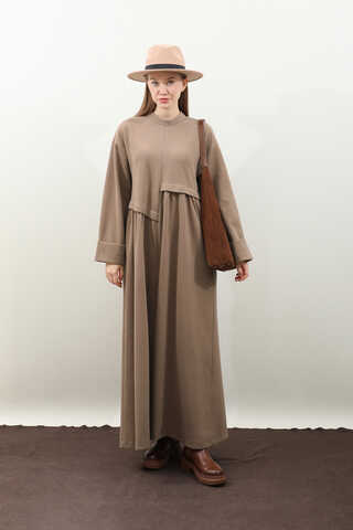 Asimetrik Fitilli Elbise Koyu Vizon - 2