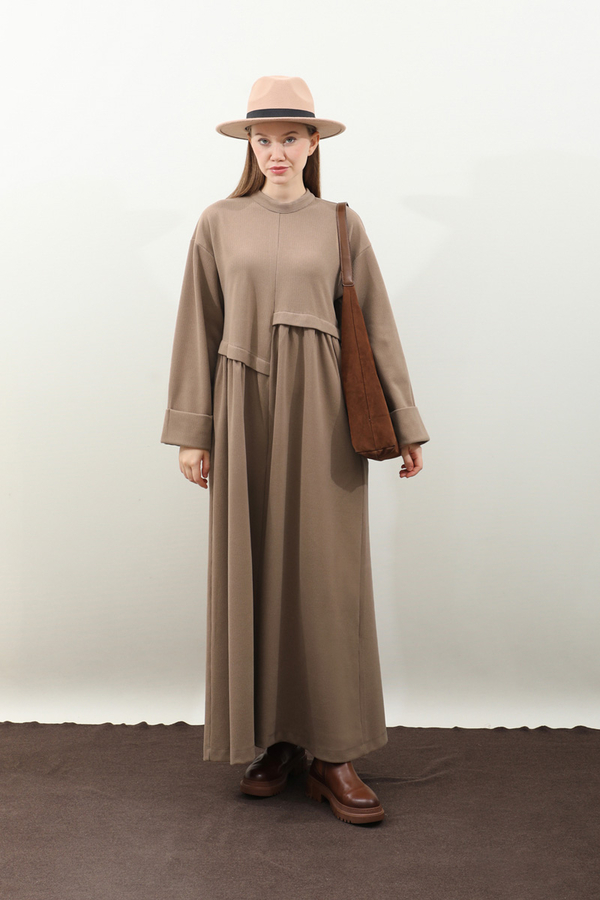 Asimetrik Fitilli Elbise Koyu Vizon - 2