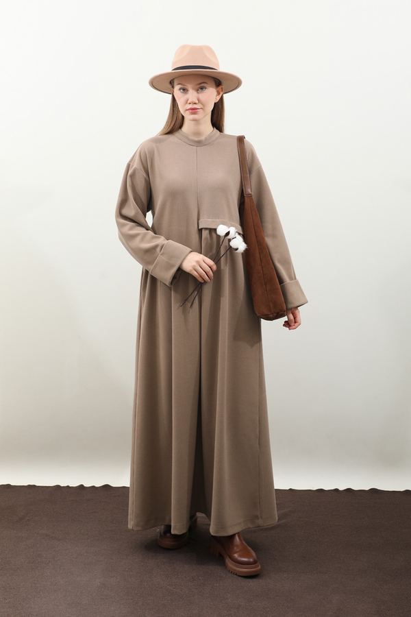 Asimetrik Fitilli Elbise Koyu Vizon - 4