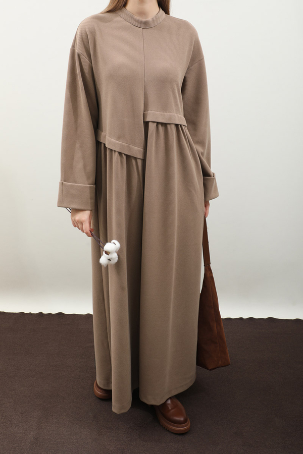 Asimetrik Fitilli Elbise Koyu Vizon - 5