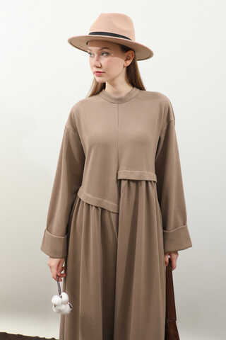 Asimetrik Fitilli Elbise Koyu Vizon - 6