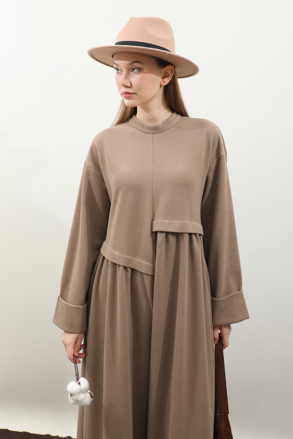 Asimetrik Fitilli Elbise Koyu Vizon - 6