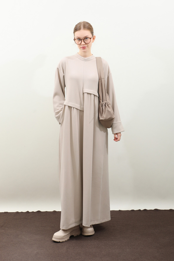 Asimetrik Fitilli Elbise Krem 