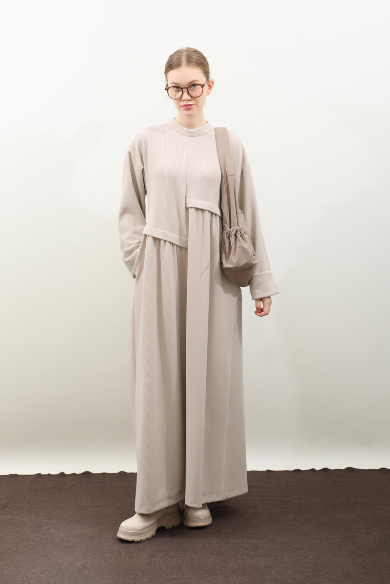 Asimetrik Fitilli Elbise Krem