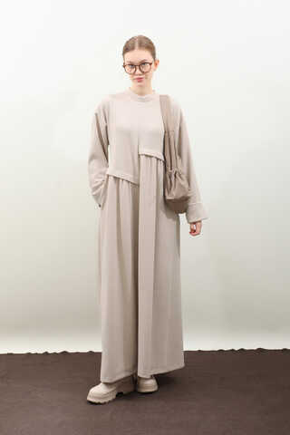 Asimetrik Fitilli Elbise Krem - 1