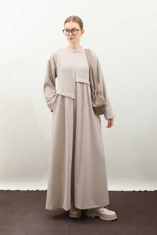 Asimetrik Fitilli Elbise Krem - 2