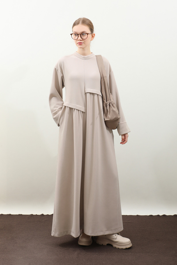 Asimetrik Fitilli Elbise Krem - 2