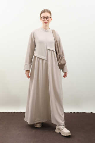 Asimetrik Fitilli Elbise Krem - 3