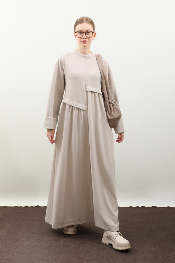 Asimetrik Fitilli Elbise Krem - 3