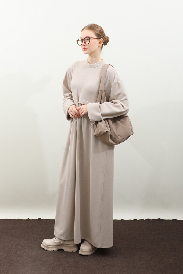 Asimetrik Fitilli Elbise Krem - 4