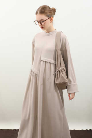 Asimetrik Fitilli Elbise Krem - 5