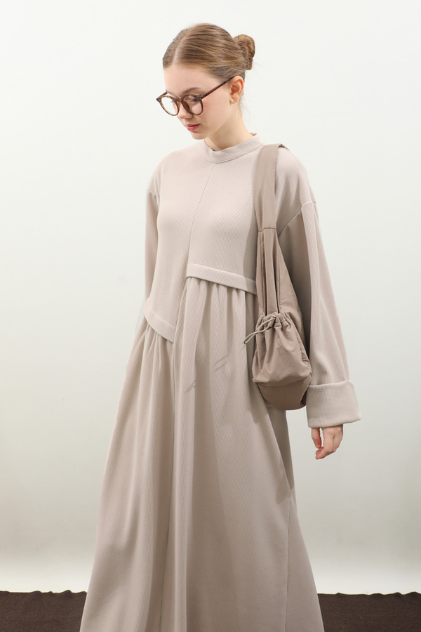 Asimetrik Fitilli Elbise Krem - 5