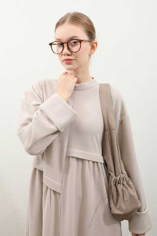 Asimetrik Fitilli Elbise Krem - 6