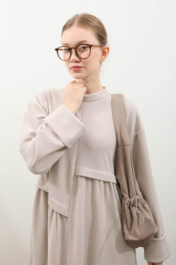 Asimetrik Fitilli Elbise Krem - 6