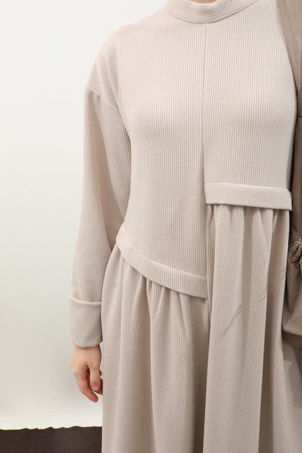 Asimetrik Fitilli Elbise Krem - 7