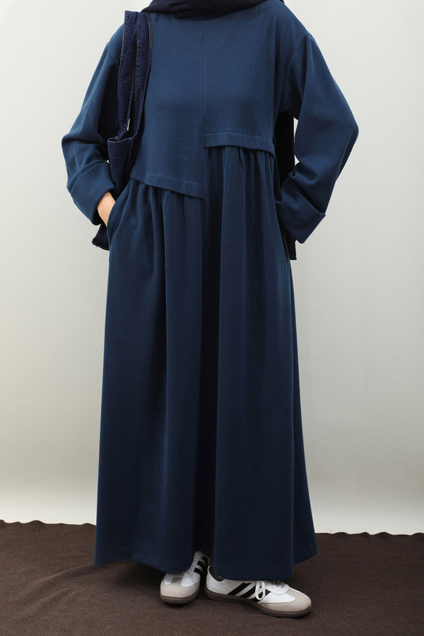 Asimetrik Fitilli Elbise Lacivert - 2