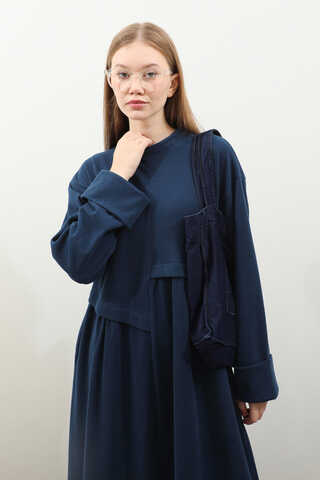 Asimetrik Fitilli Elbise Lacivert - 6