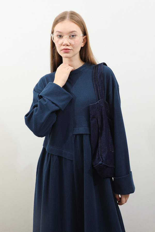 Asimetrik Fitilli Elbise Lacivert - 6