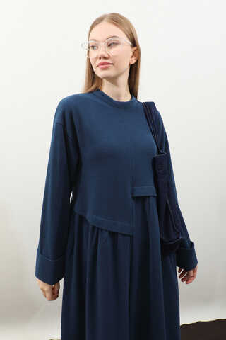 Asimetrik Fitilli Elbise Lacivert - 1