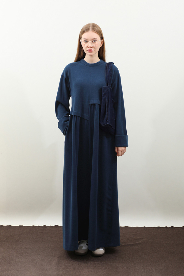 Asimetrik Fitilli Elbise Lacivert - 3