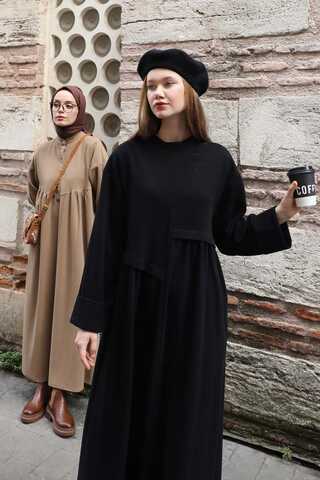 Asimetrik Fitilli Elbise Siyah - 6