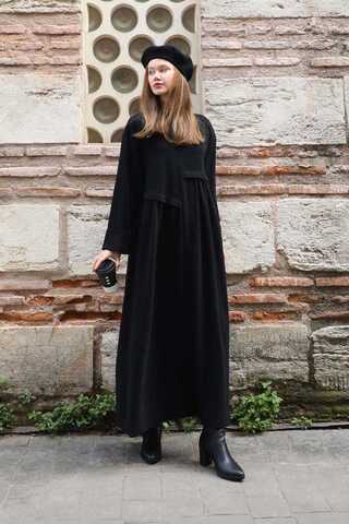 Asimetrik Fitilli Elbise Siyah - 1