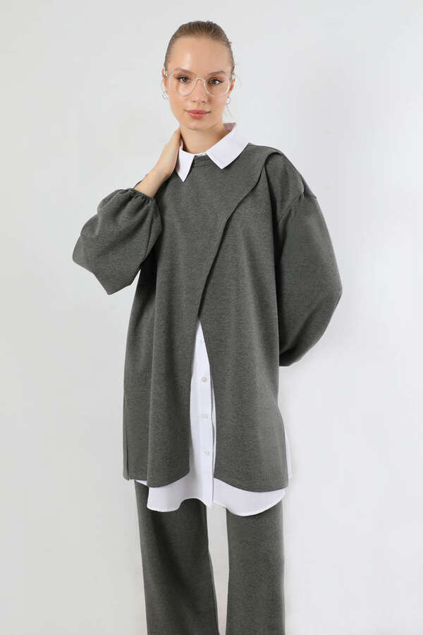 Asimetrik Gömlekli Tunik Takım Antrasit - 2