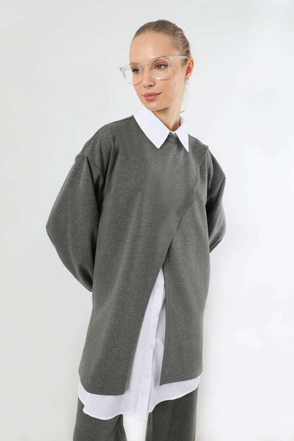Asimetrik Gömlekli Tunik Takım Antrasit - 4
