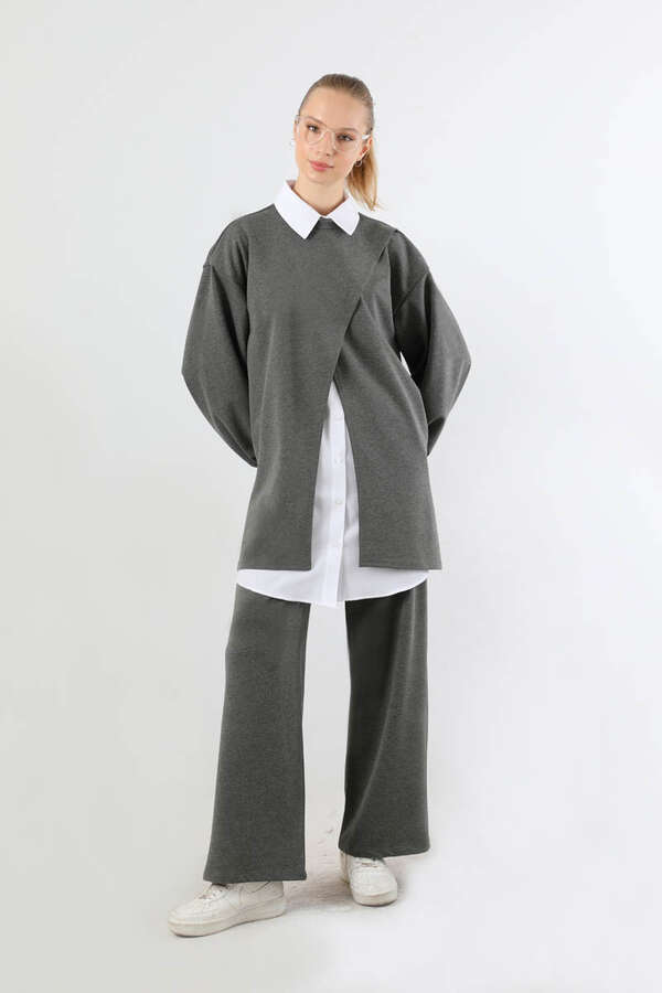 Asimetrik Gömlekli Tunik Takım Antrasit - 5