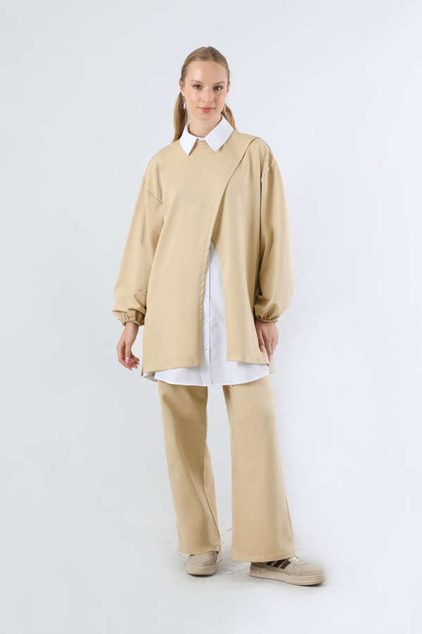 Asimetrik Gömlekli Tunik Takım Bej - 1