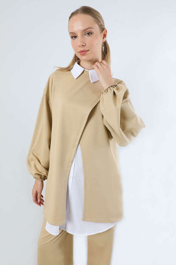 Asimetrik Gömlekli Tunik Takım Bej - 2