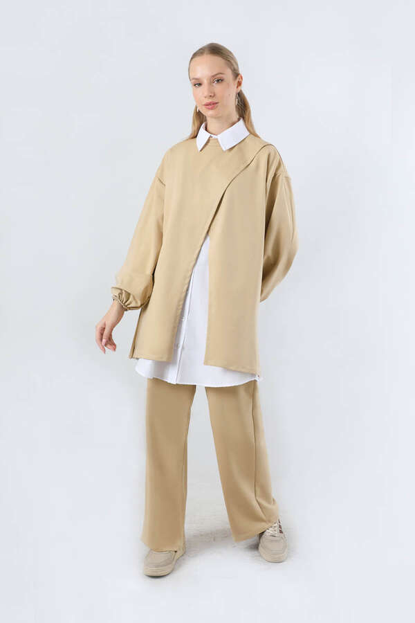 Asimetrik Gömlekli Tunik Takım Bej - 3