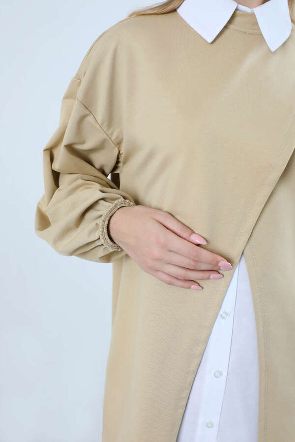 Asimetrik Gömlekli Tunik Takım Bej - 4