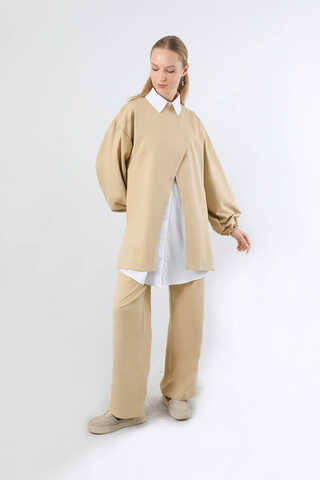 Asimetrik Gömlekli Tunik Takım Bej - 5